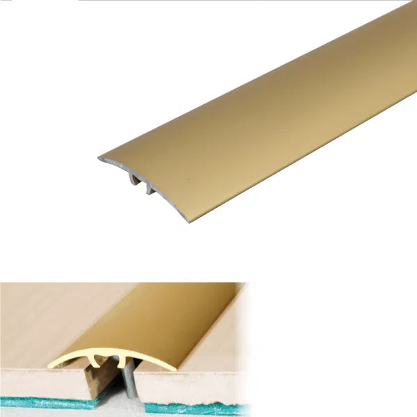 Gold metal stair tread with installation details on a white background