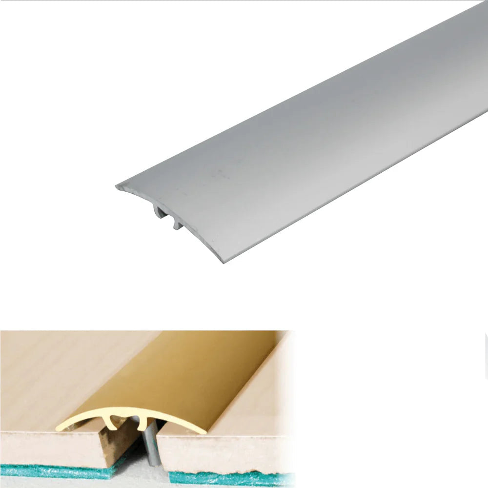 Silver metal threshold strip with anodized finish on a white background