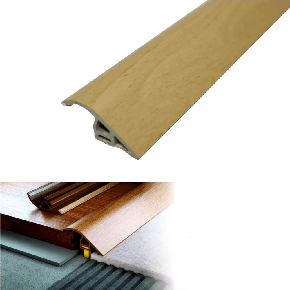 Wooden strip with beech finish, UPVC label, and installation diagram on a white background