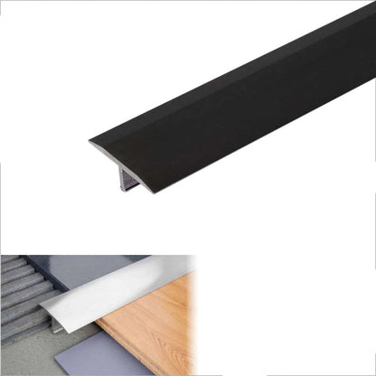 Black metal strip with dimensions and material information on a white background