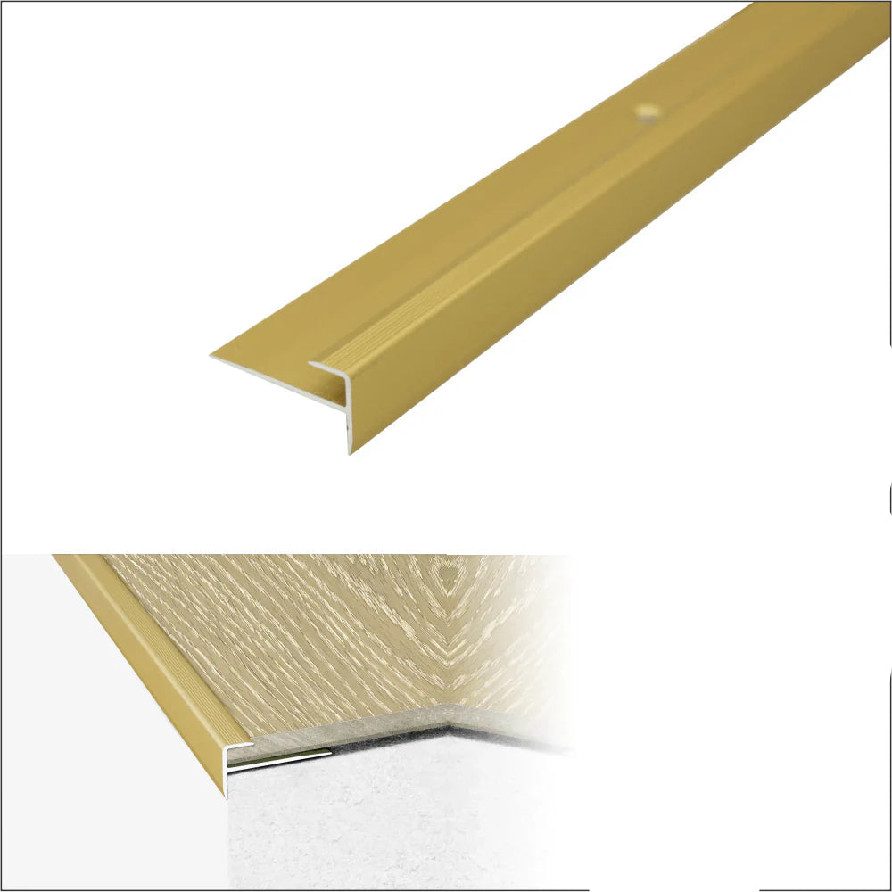 Gold metal strip with dimensions and features on a white background
