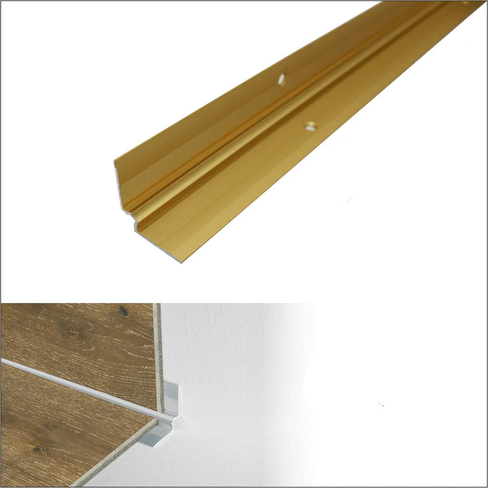 Gold metal strip with installation details on a white background