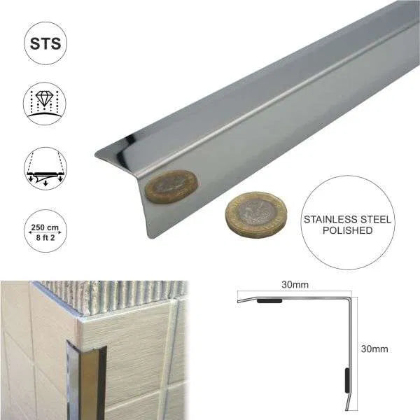 30x30mm Stainless Steel Corner Trim Protector with Bevelled Edges