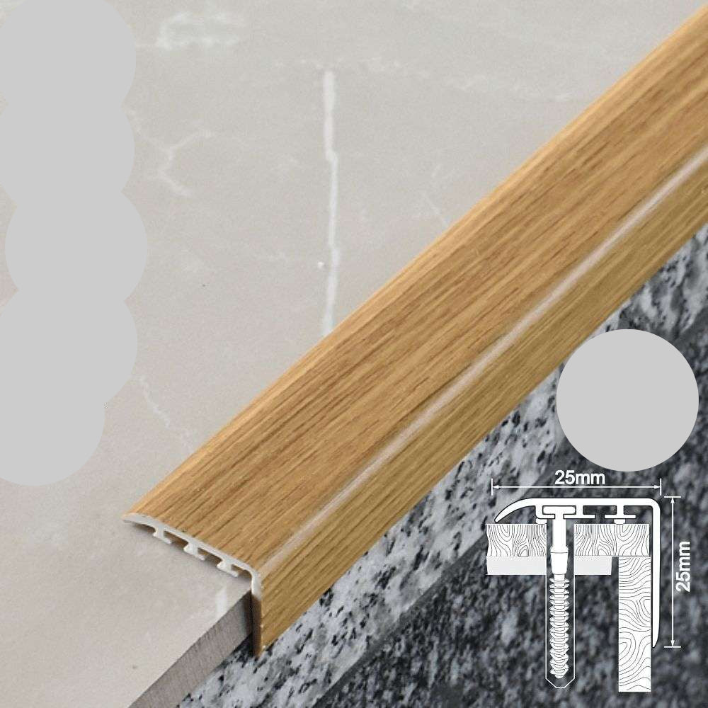 Wooden floor trim with UPVC label and dimensions on a gray background