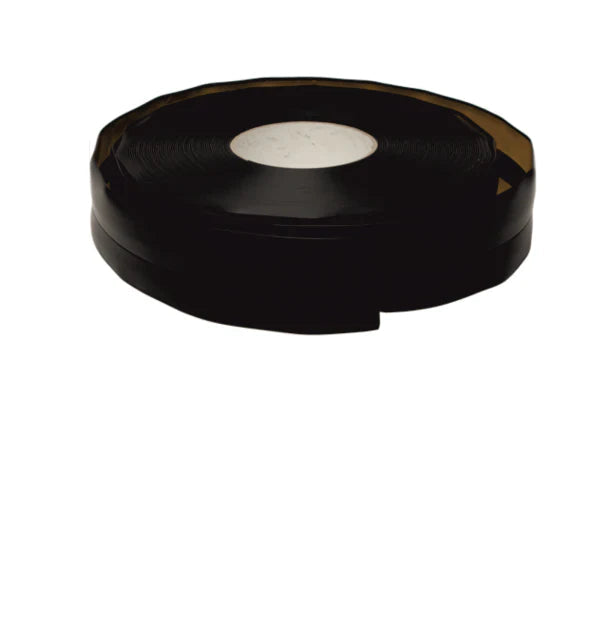 Black tape roll with measurements and material details on a white background