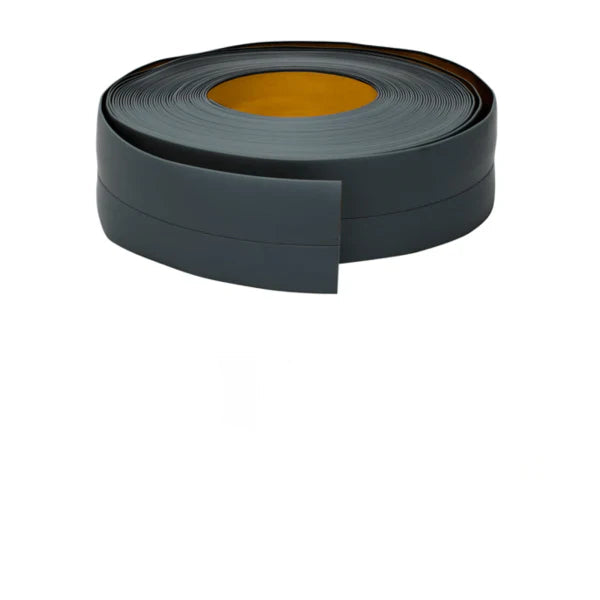 Dark grey PVC strip with dimensions and features on a white background