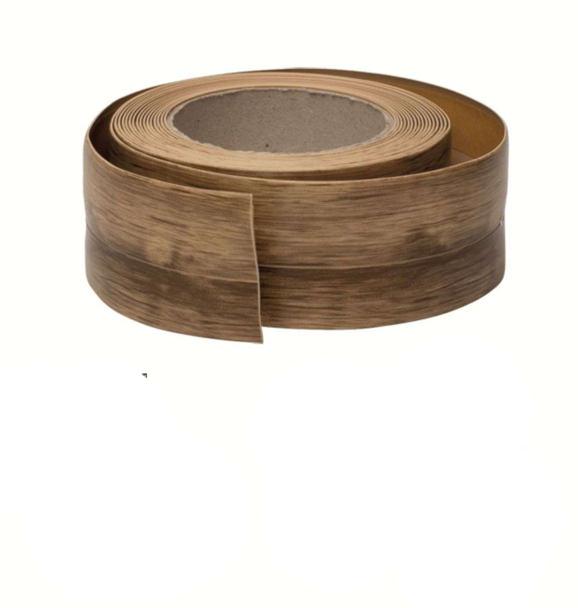 Roll of teak-colored vinyl strip with dimensions and material information on a white background
