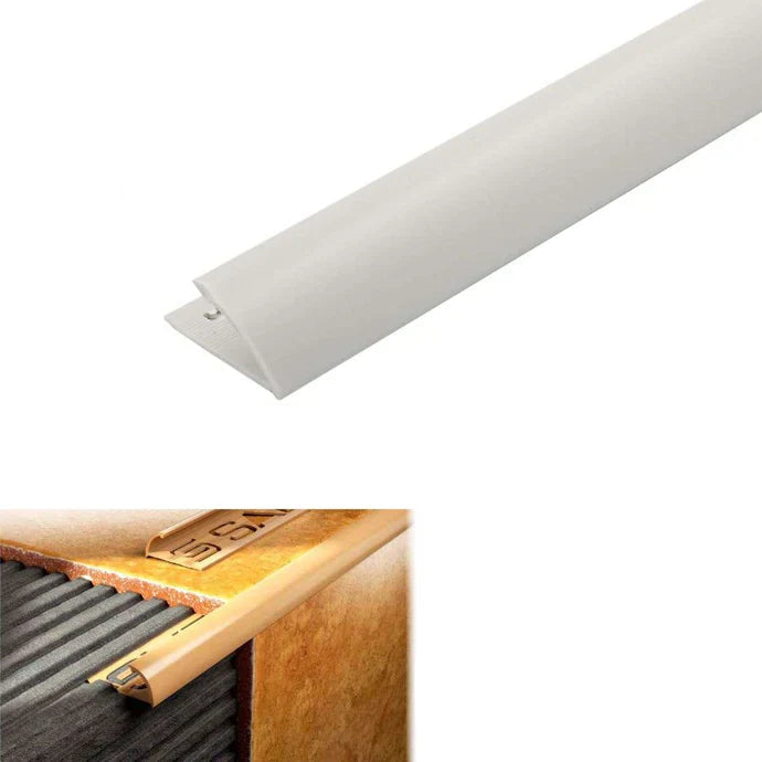 Light gray PVC door seal strip with dimensions and material information on a white background