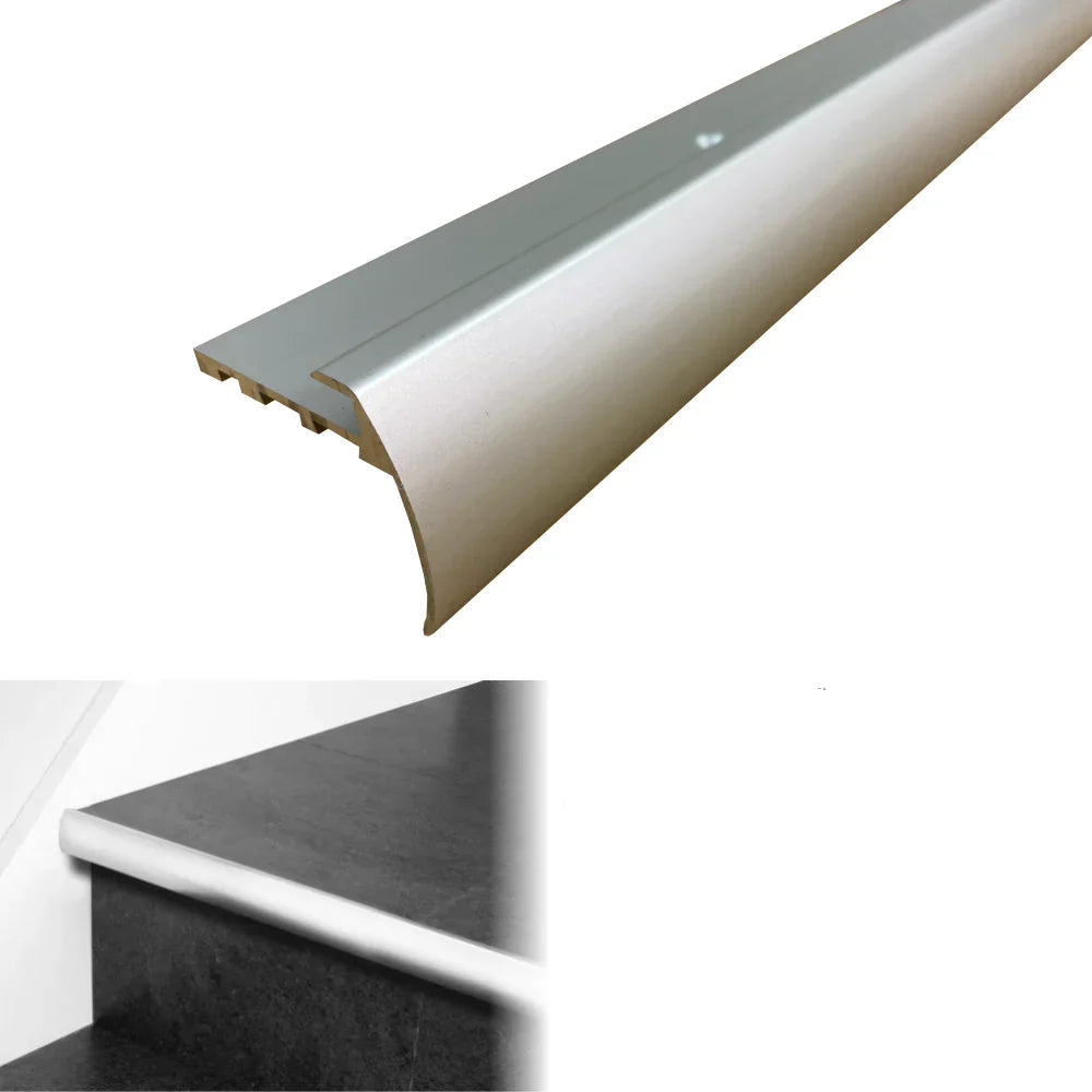 Silver stair tread with product details on a white background