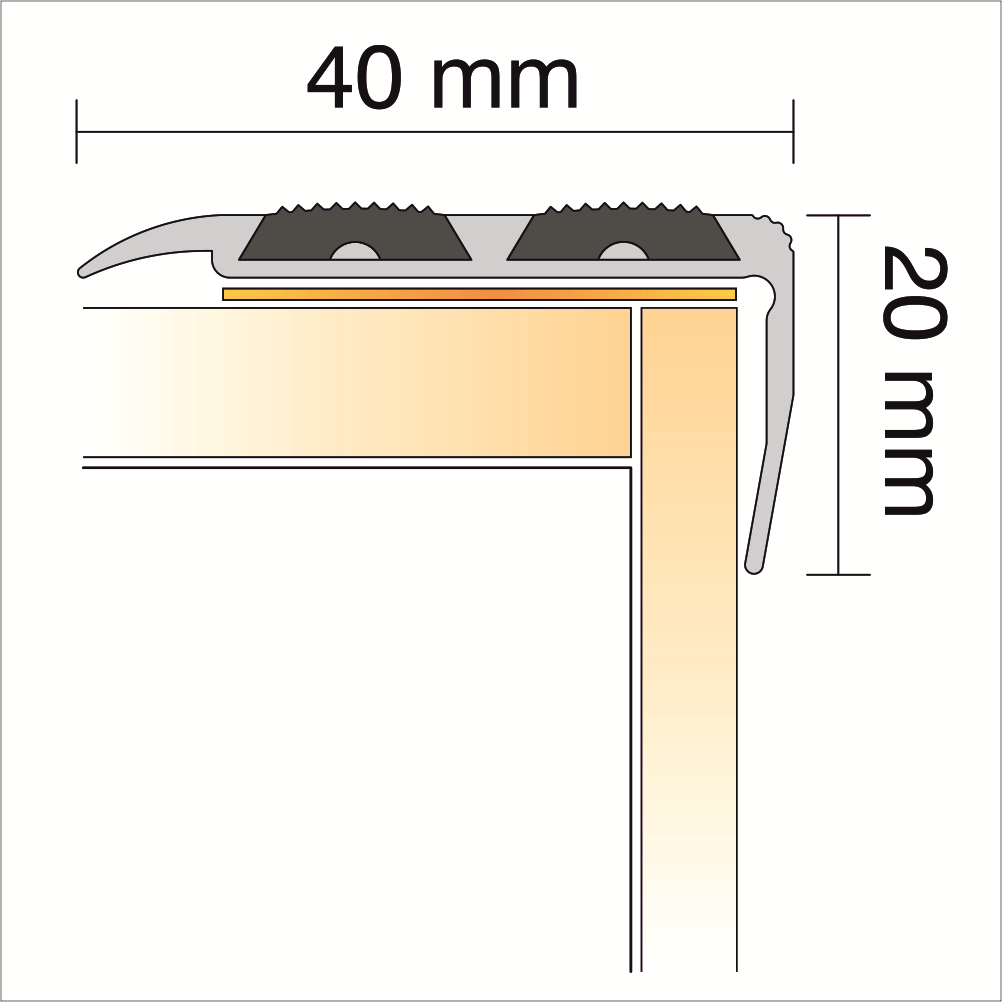 SA11 40 x 20mm Anodised Aluminium Self Adhesive Non Slip Rubber Stair Nosing Edge Trim With Insert