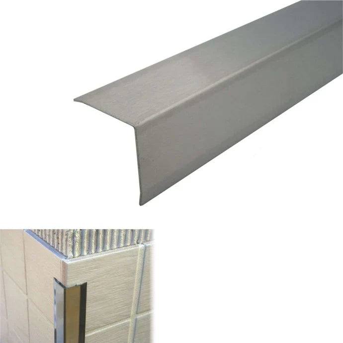 Stainless steel threshold ramp with dimensions and material details on a white background
