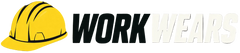 Yellow hard hat icon next to 'WORKWEARS' text on a black background