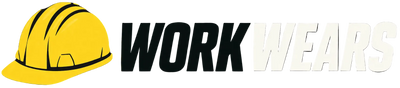 Yellow hard hat icon next to 'WORKWEARS' text on a black background